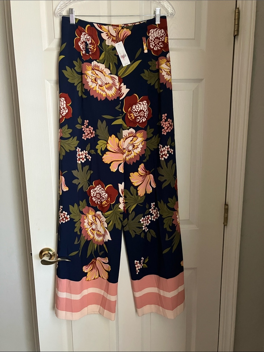 New York & Company Navy Floral Wide-Leg Pants with Pink Hem